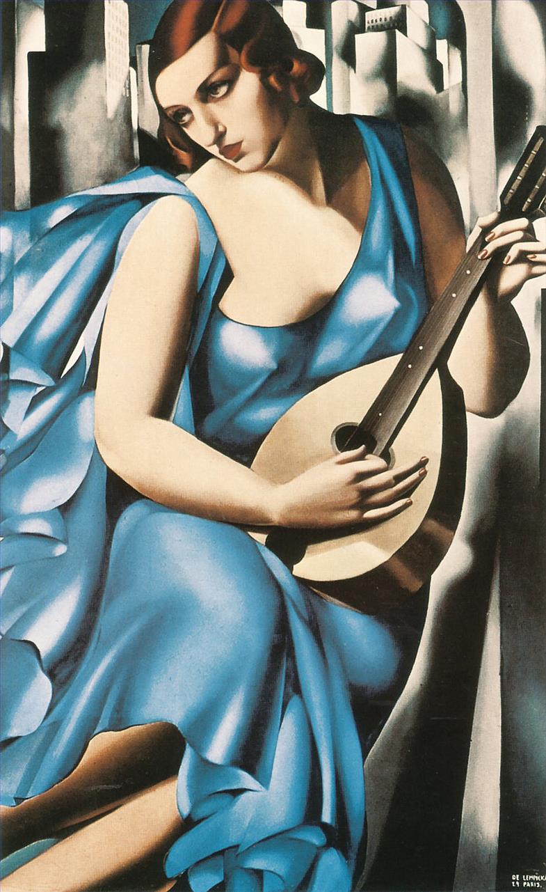 femme bleue avec une guitare 1929 contemporain Tamara de Lempicka Peintures à l'huile